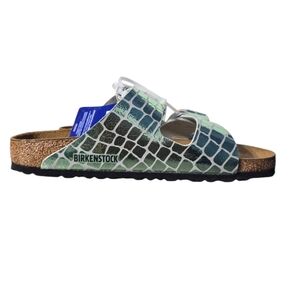 Birkenstock Green & White Metallic Arizona Slide Double Band Sandals 9-9.5